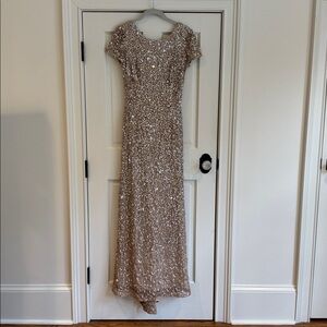 Adrianna Papell | Champagne Sequin Beaded Bustle Back Evening Formal Gown | 2
